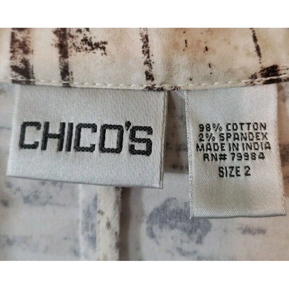 Chicos Scroll Print Blazer Sz 2 Or Large Tan Brown Cotton Blend Empire Waist - Picture 2 of 8